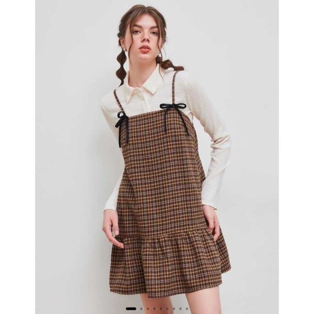 Cider XL Square Neck Check Ruffle Bowknot Babydoll Mini Dress Brown Plaid Whimsy